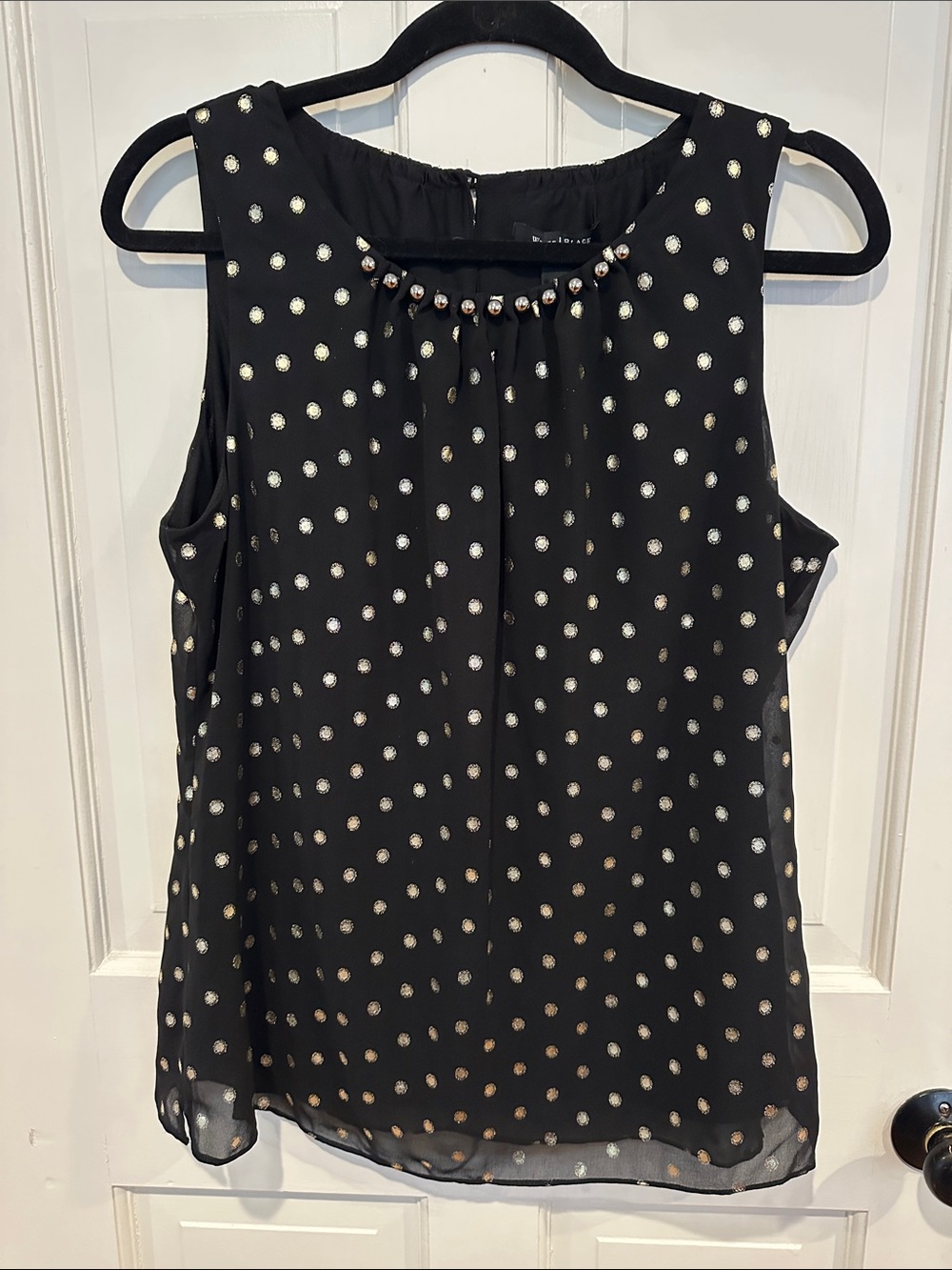 White House Black Market Black Sleeveless Polka Dot Beaded Neck Camisole